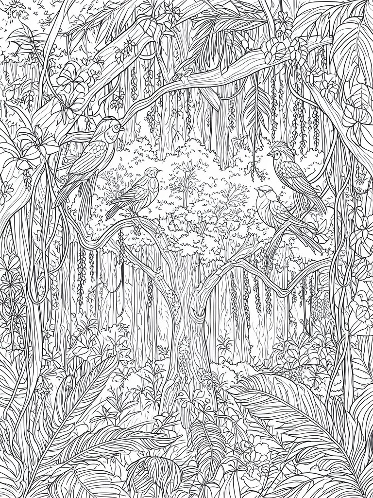 Coloring book page of birds perched among lush jungle trees and vines.