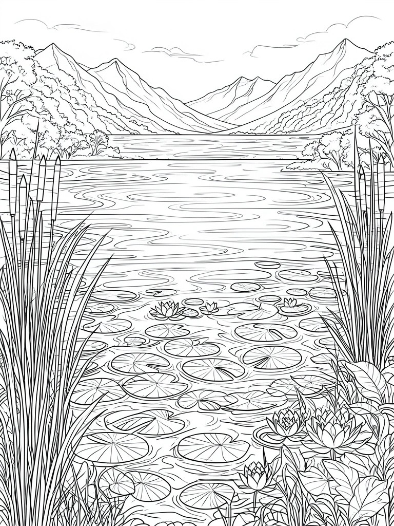 Black and white line drawing of a lake with mountains behind, lily pads and lotus flowers on the water, and reeds in the foreground.