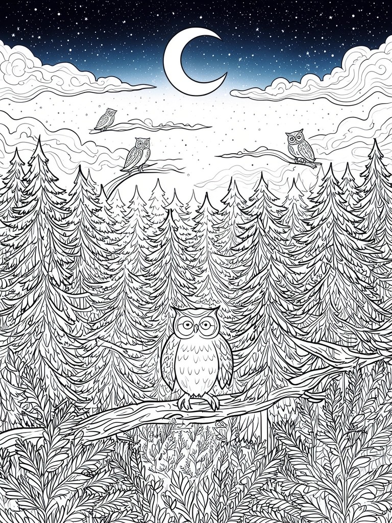 Black and white line art of several owls perched in a pine forest under a crescent moon with stars and clouds.