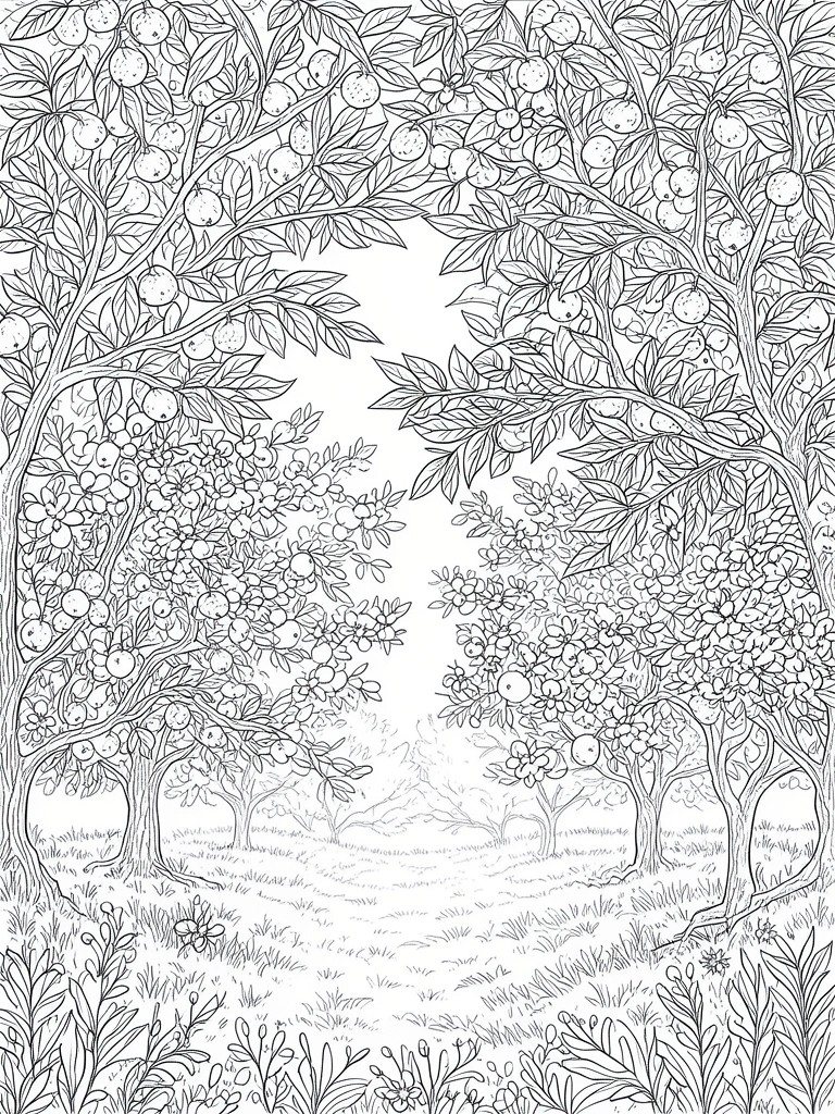 Black and white line drawing of an orchard with many fruit trees, leaves, and a central path leading into the distance.
