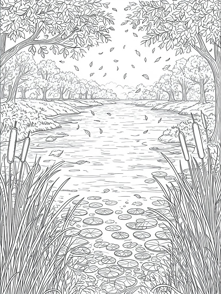 Black and white line drawing of river with lily pads, reeds and trees