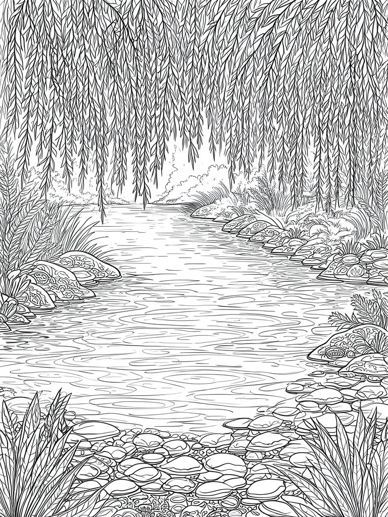 Black and white line drawing of a winding river with willow trees hanging over the banks and rocks along the edges.