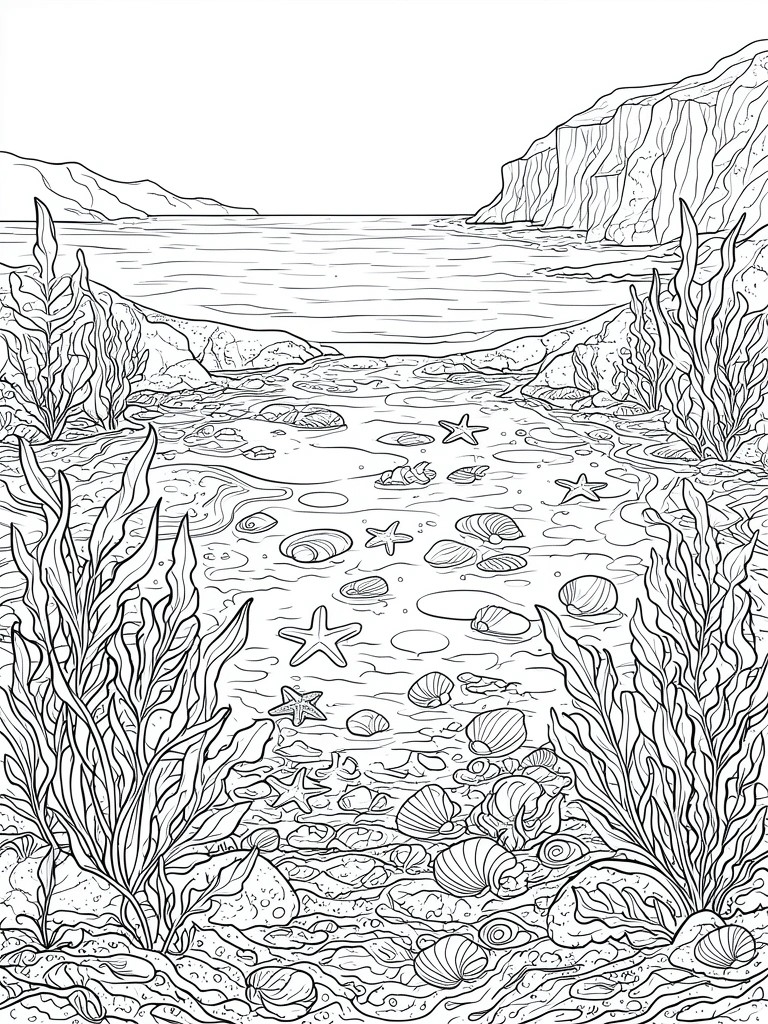 Black-and-white line drawing of tide pools with starfish, shells, and seaweed near cliffs.