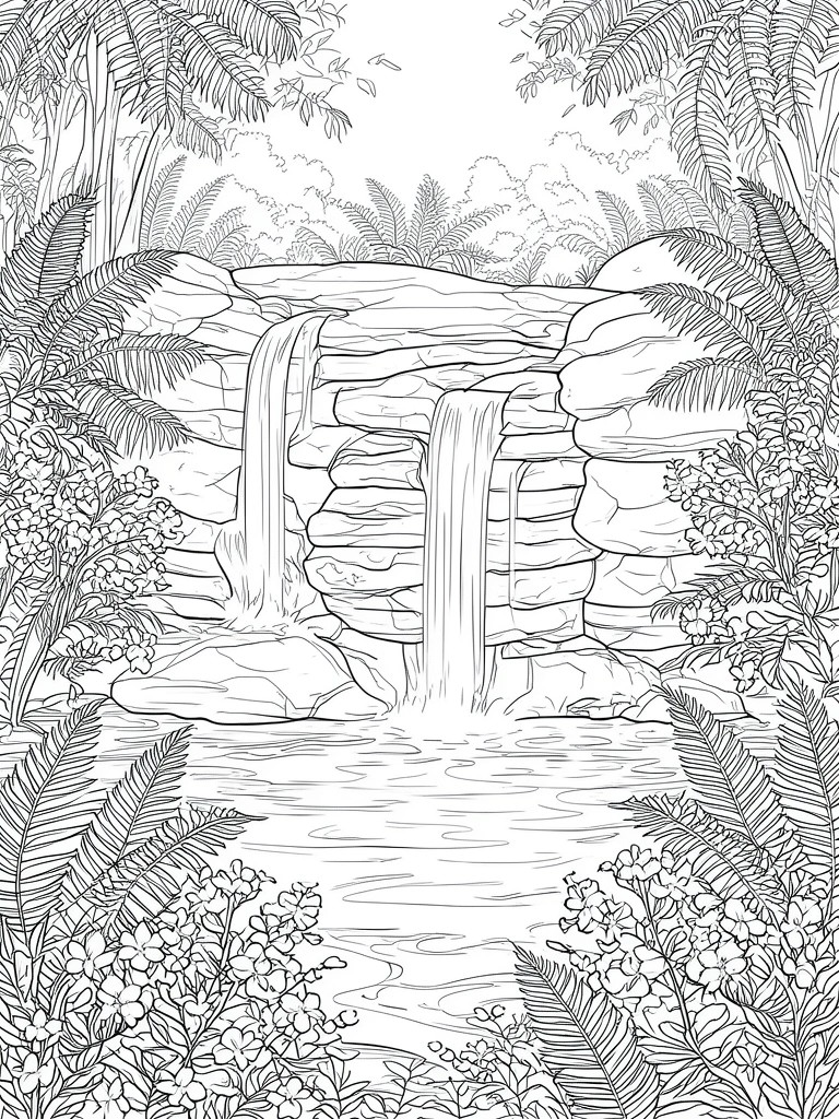 Black and white line drawing of jungle waterfall cascading over rocks into pool