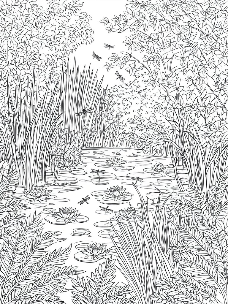 Black and white line drawing of pond with water lilies, reeds and dragonflies.