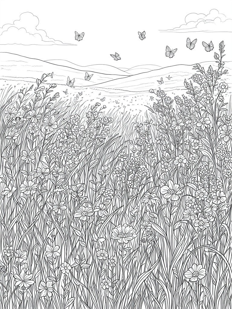 Black and white line drawing of wildflower meadow with butterflies and rolling hills.