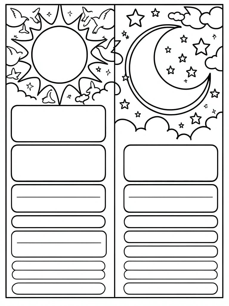 Day-night coloring page with sun, birds, moon, stars, and blank rectangles.