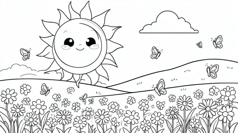 19 Charming Weather Coloring Pages for Learning Seasons and Daily Forecasts Coloring page of smiling sun above flower meadow with flying butterflies and clouds.