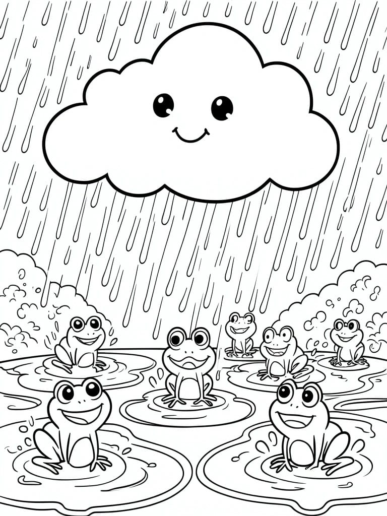 Coloring page of smiling frogs in puddles under a rainy cartoon cloud.