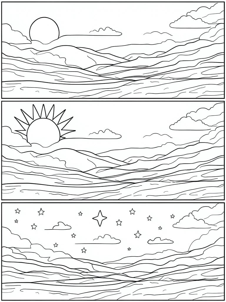Three-panel landscape coloring page showing sun, radiant sun, and starry night over hills.
