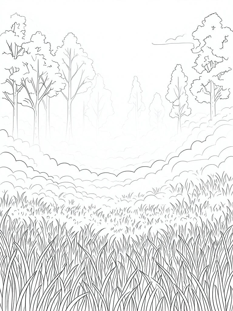 A black and white line drawing of a landscape showing tall grass in the foreground, multiple trees in the middle and background, and clouds above.