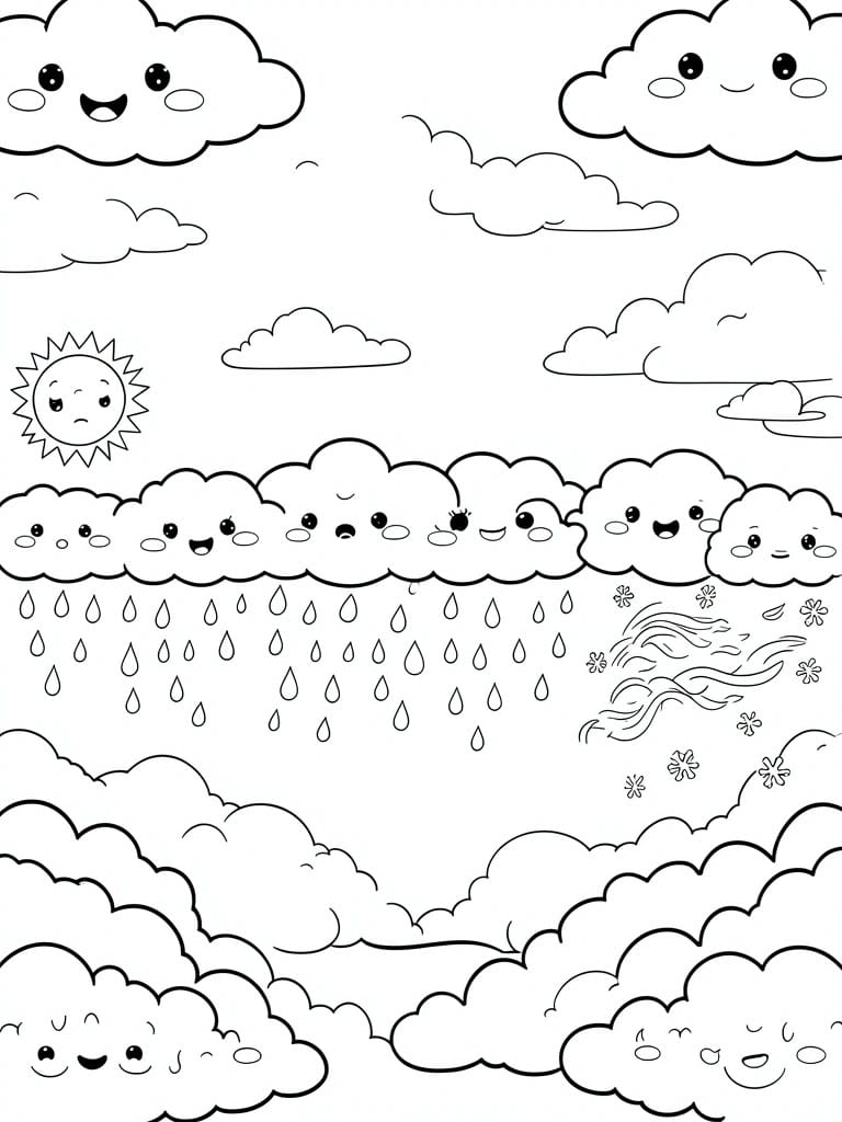Cute cartoon clouds with faces, raining under a sad sun with wind swirls.