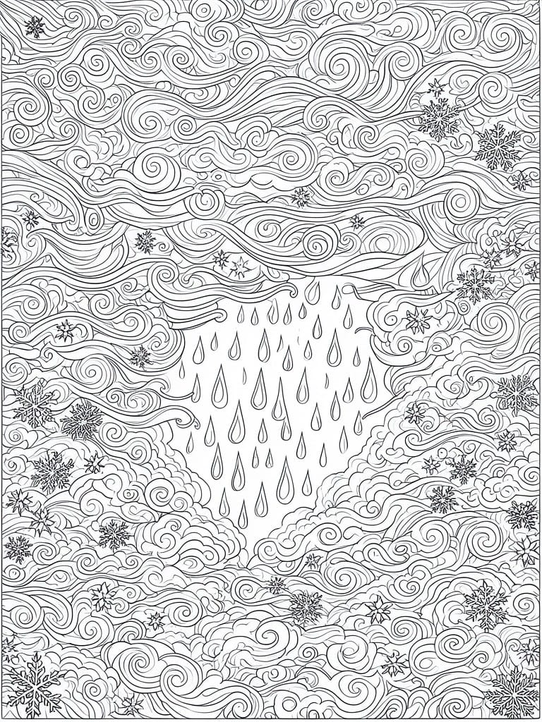 Swirling cloud patterns with falling raindrops and snowflakes in black and white line art.