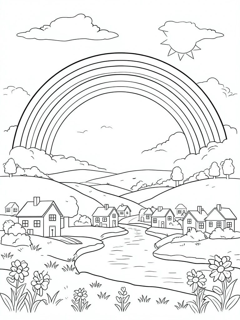 A black and white line drawing of a rainbow over houses along a winding river with hills, trees, flowers, sun, and clouds.