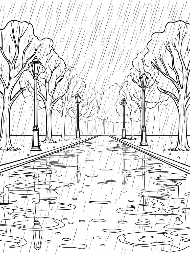 Rainy tree-lined path with lampposts reflected in puddles, black-and-white line art.