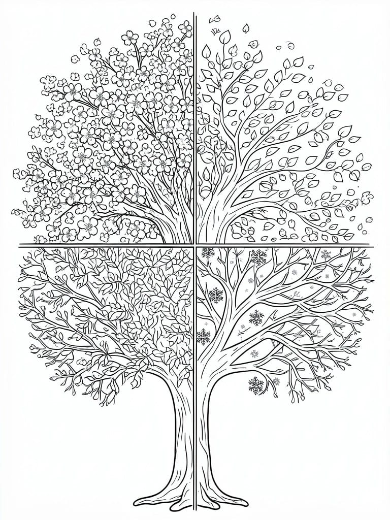 Black-and-white line art of tree divided into four seasons.