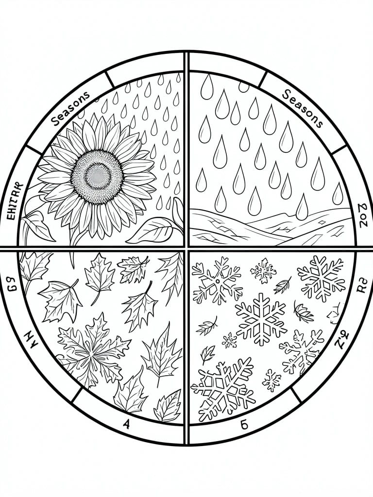 Coloring page wheel divided into four seasons showing sunflower, rain, leaves, snowflakes.