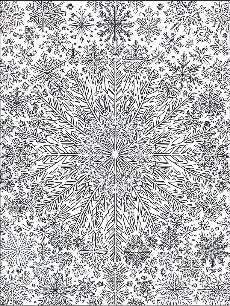 A black and white coloring page showing one large central snowflake surrounded by many smaller snowflakes of varying intricate designs.