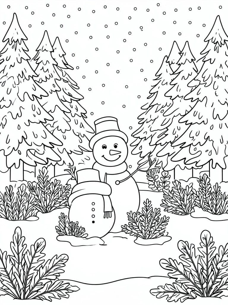 A black and white line drawing of a snowman in a snowy forest with pine trees, bushes, and dots for falling snow.
