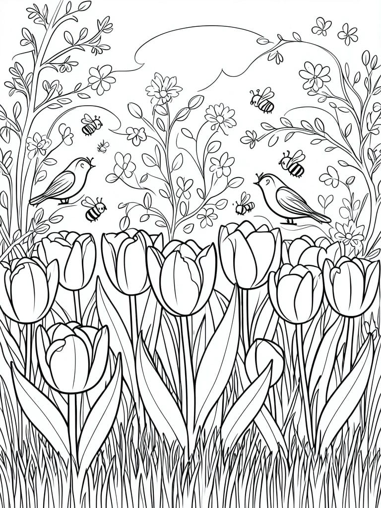 Coloring page of tulips, birds, and bees in a blooming garden