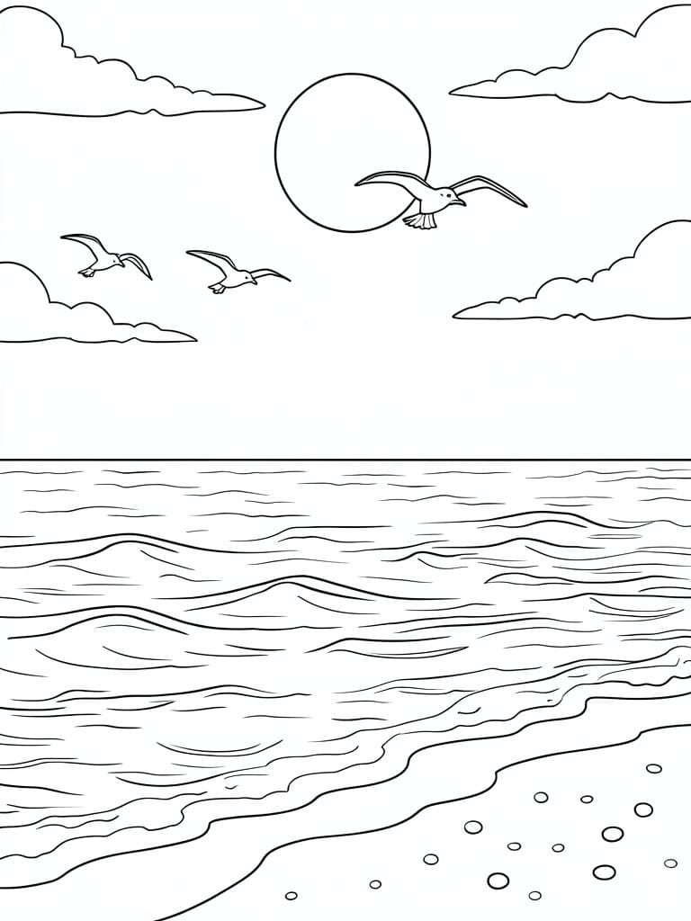 A black and white line drawing of a beach with waves, seagulls, sun, clouds, and sandy shore.