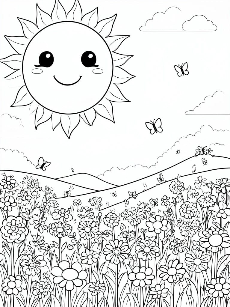 Coloring page of smiling sun above flower meadow with flying butterflies and clouds.