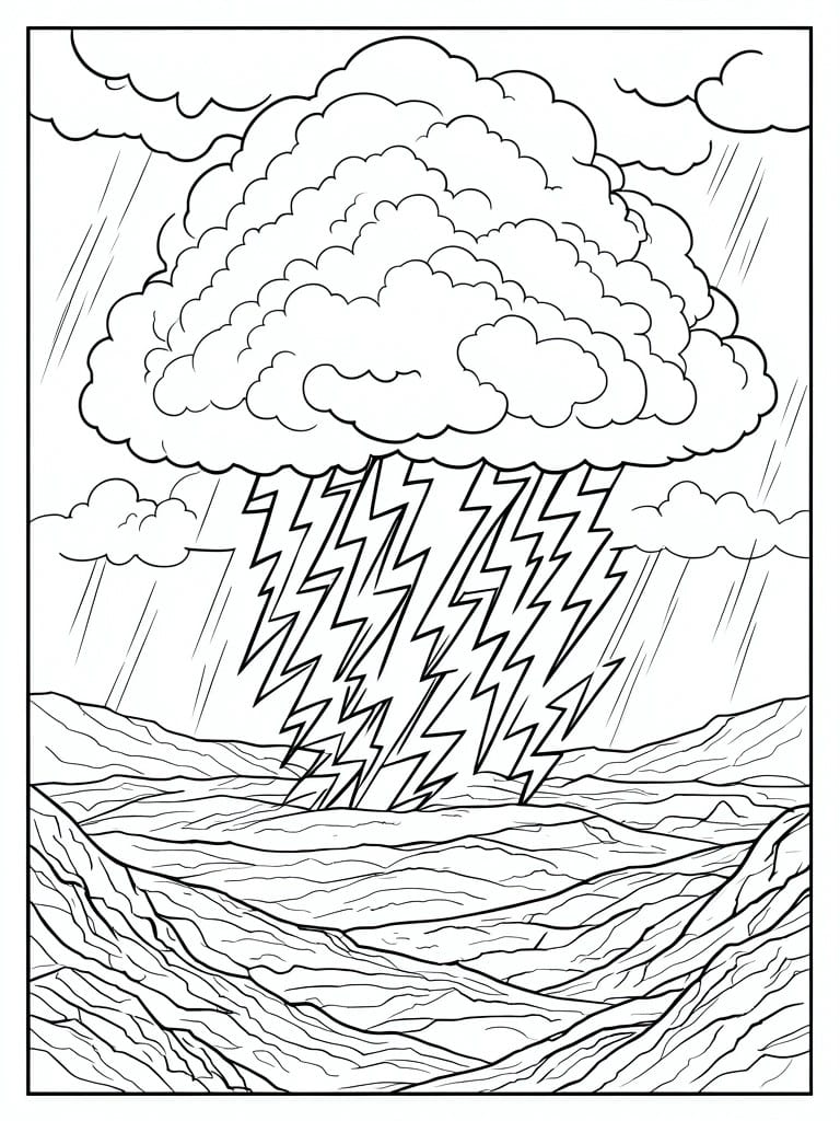 Line drawing of lightning bolts from storm clouds over rainy hills and valleys.