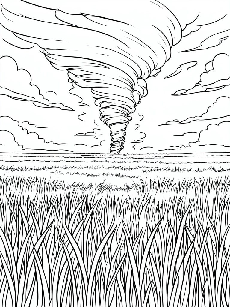 A black and white line drawing of a tornado touching down in a field of tall grass with clouds overhead.