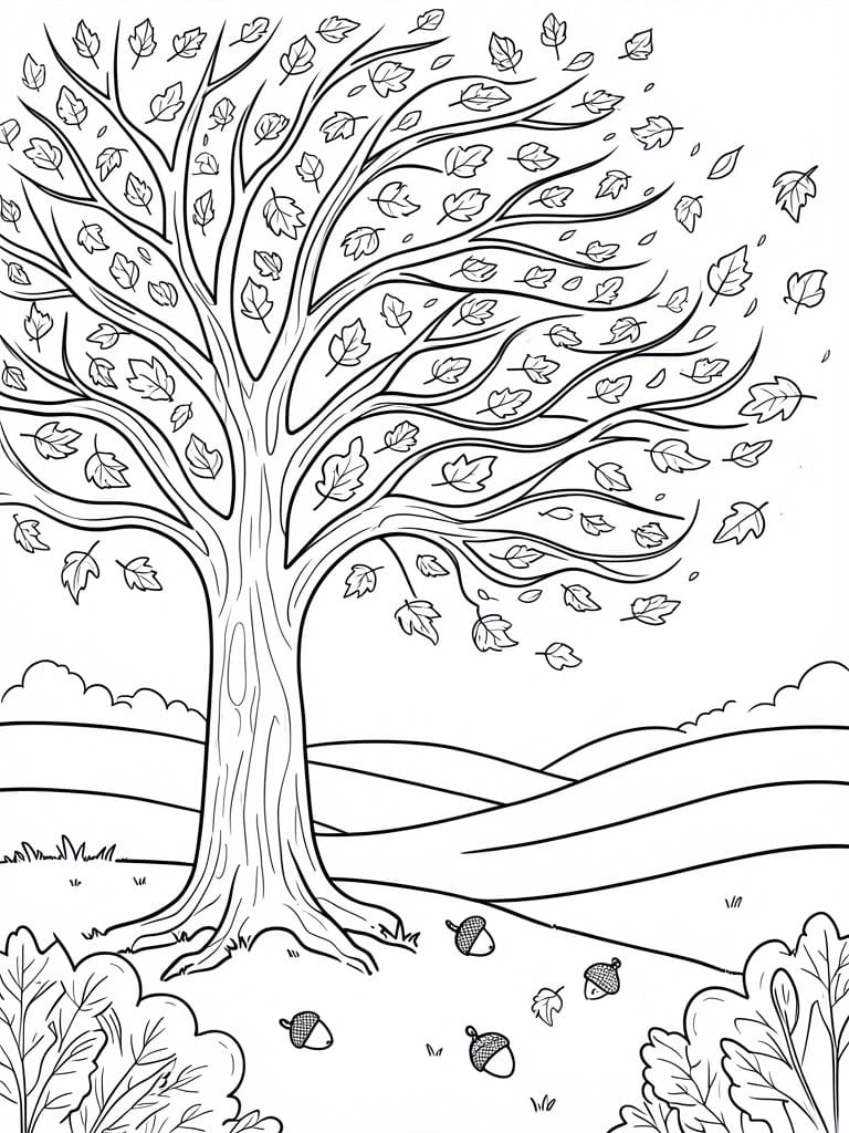 Black and white line drawing of a large tree with many leaves blowing off its branches, acorns on the ground, and hills in the background.