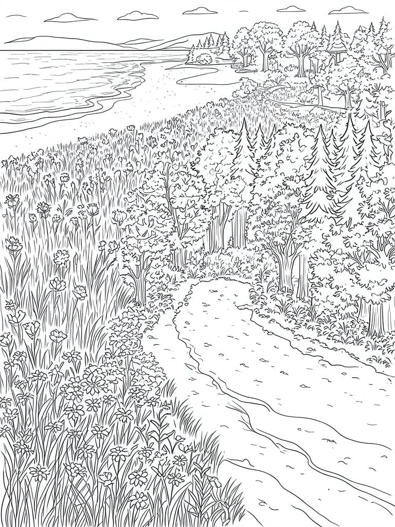 Black and white line drawing of a winding path through flower fields beside a lake with trees and hills in the background.