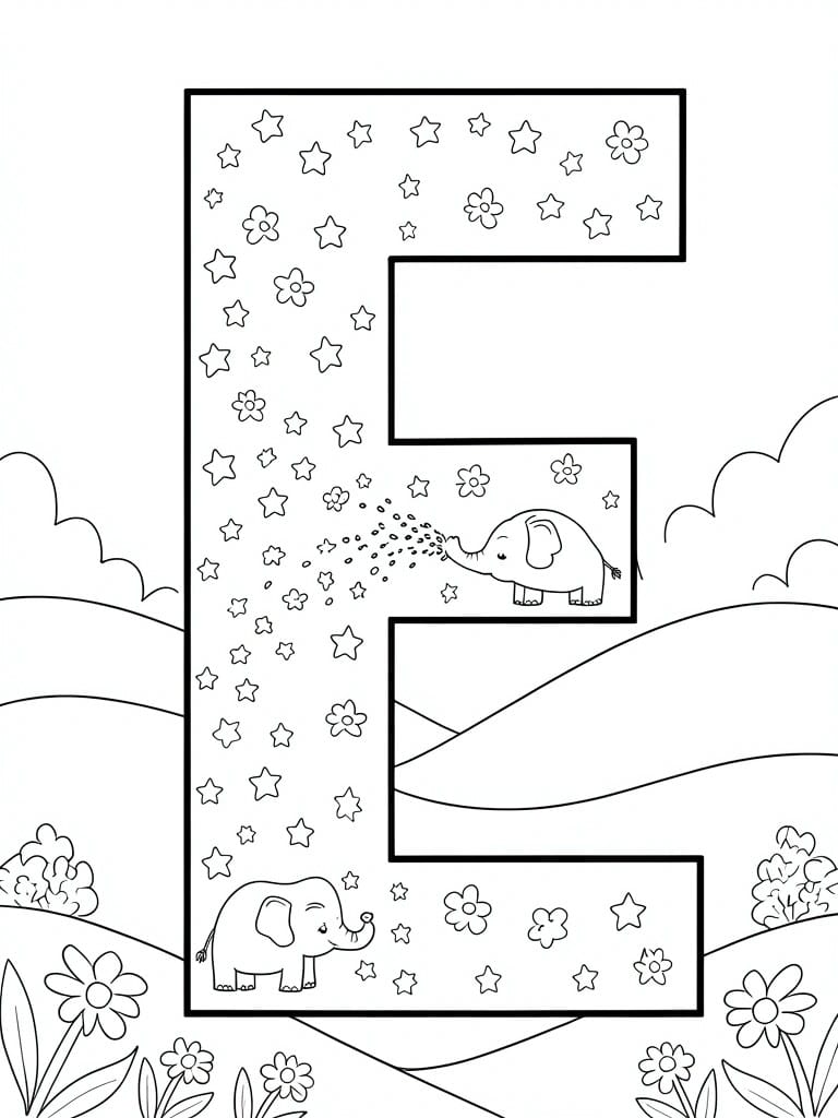 A coloring page of the letter E filled with two elephants, stars, flowers, and simple landscape lines.