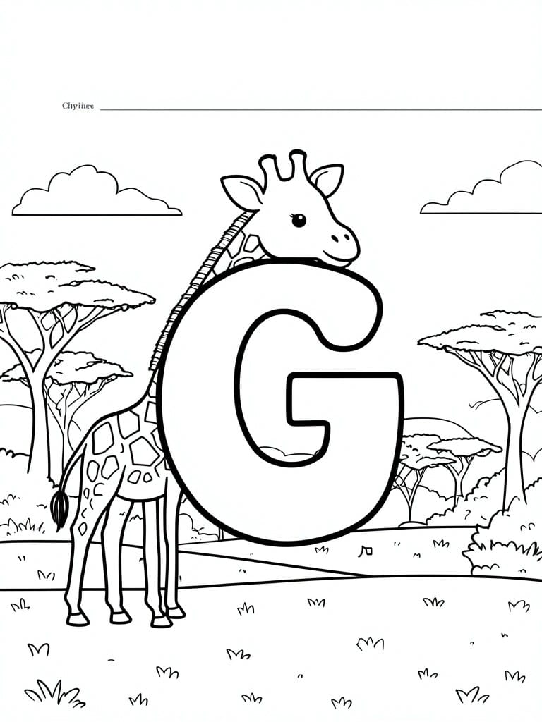 Coloring page of giraffe with large letter G in savanna landscape