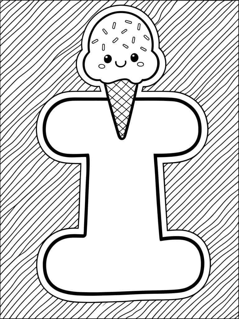 Coloring page of letter I with cute smiling ice cream cone and sprinkles