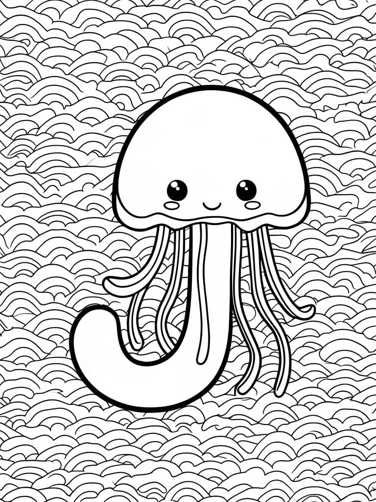 Cute cartoon jellyfish with big eyes and tentacles over wavy ocean patterns