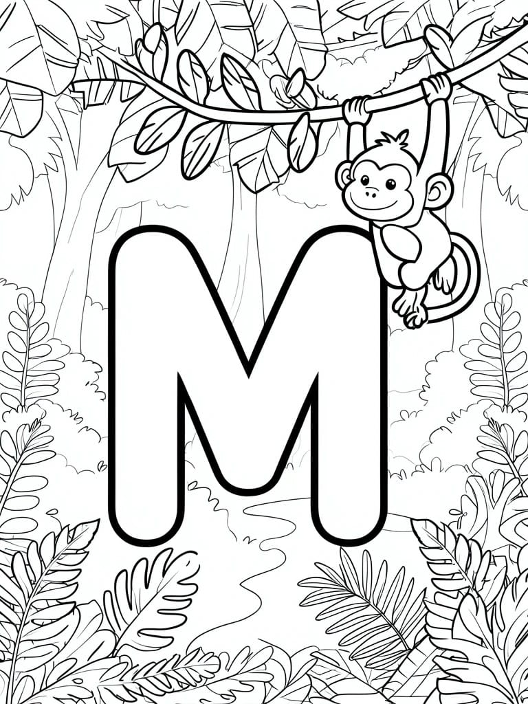A coloring page with a large letter M and a monkey hanging from a vine above it in a jungle with leaves and trees.