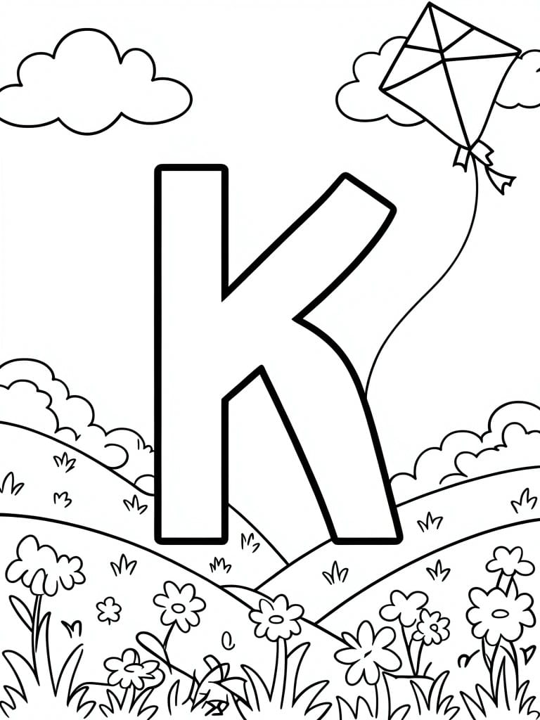 A black and white coloring page shows a large letter K centered in a landscape with flowers, hills, clouds, and a kite flying in the sky.