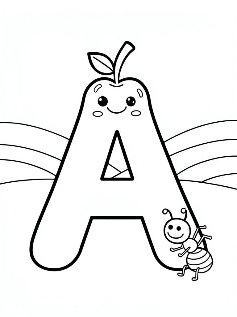 A coloring page shows the letter A with an apple on top and a bee next to the right side.