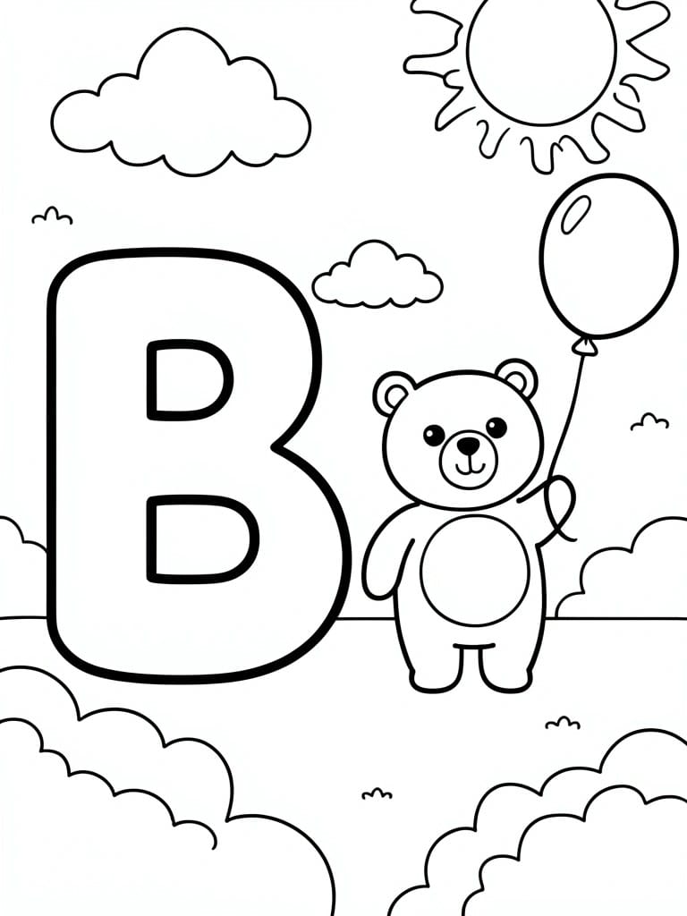 A black and white coloring page features a large letter B beside a teddy bear holding a balloon, with a sun and clouds above.