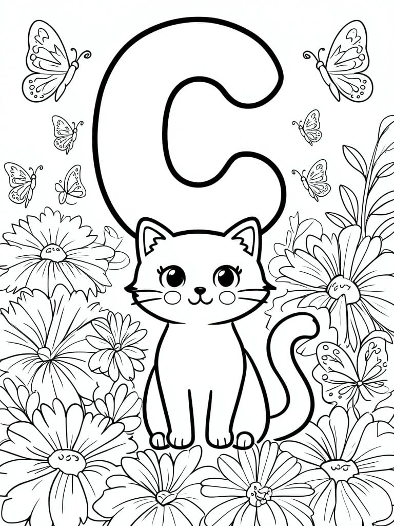 Coloring page of large C above cute cat amid flowers and butterflies