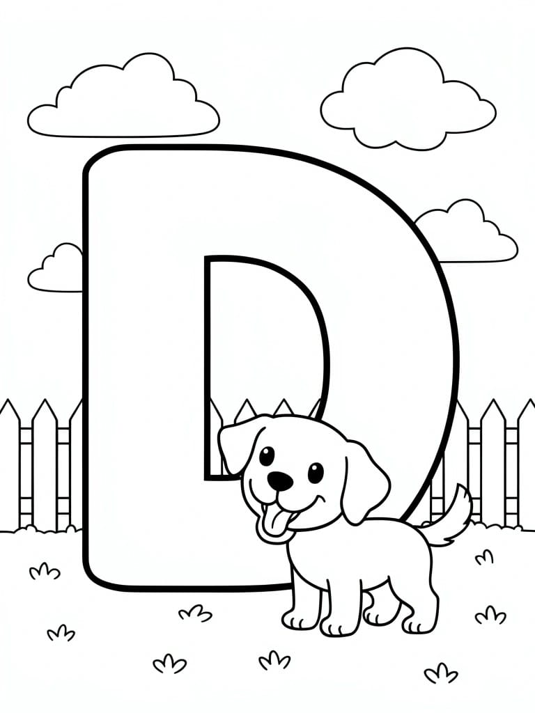 A black and white coloring page shows a large capital D with a dog standing in front, clouds in the sky, and a fence on both sides.