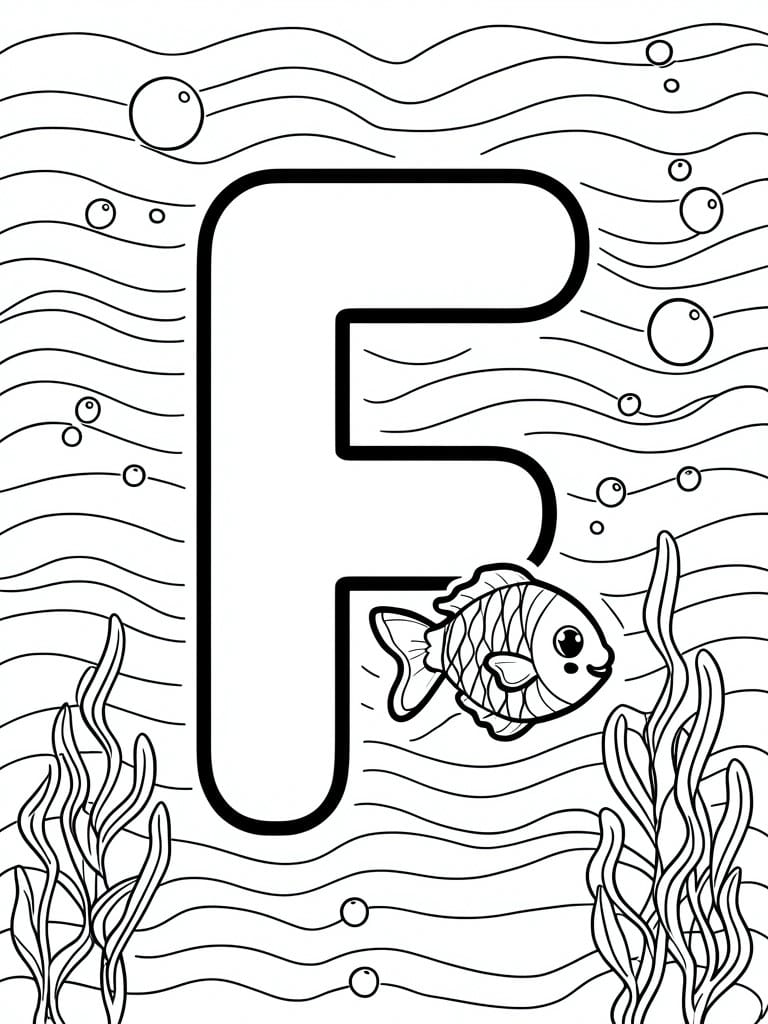 A black and white coloring page showing the letter F filled with an ocean scene including a fish, waves, bubbles, and seaweed.