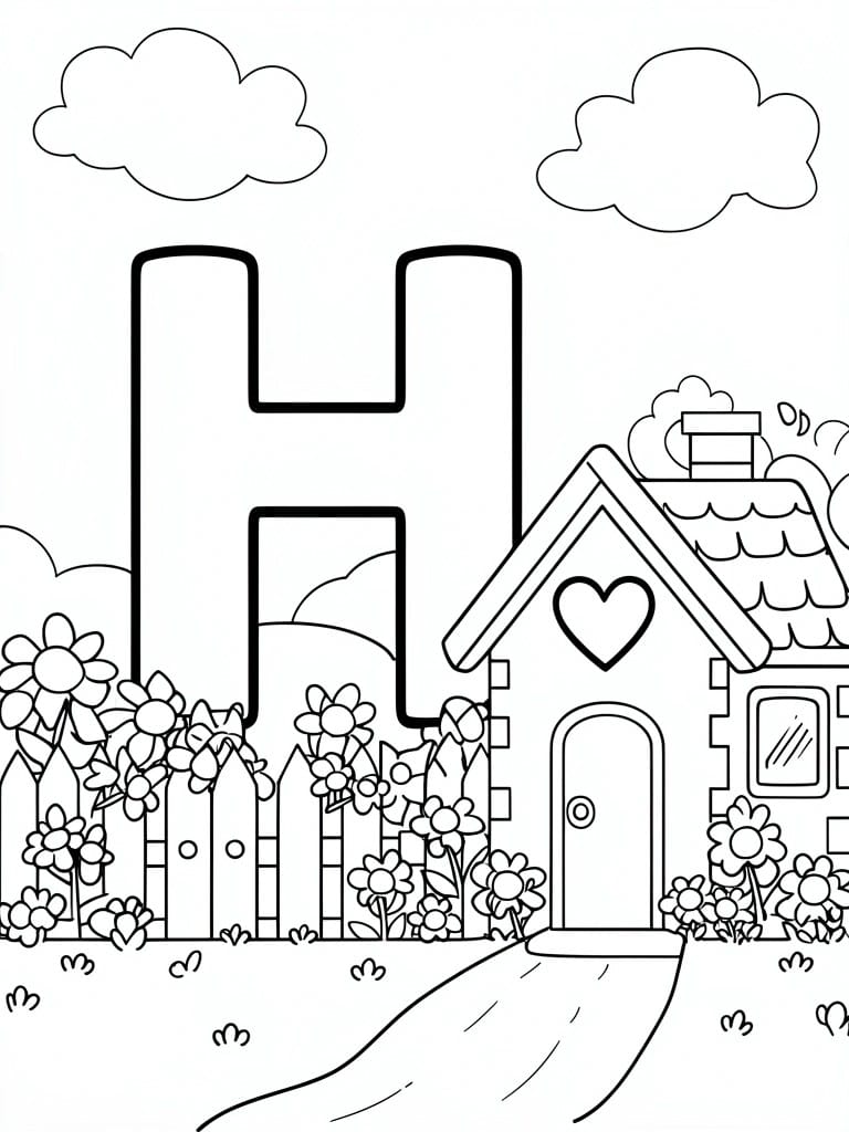 Black-and-white illustration of house with heart window behind flower-lined picket fence and path