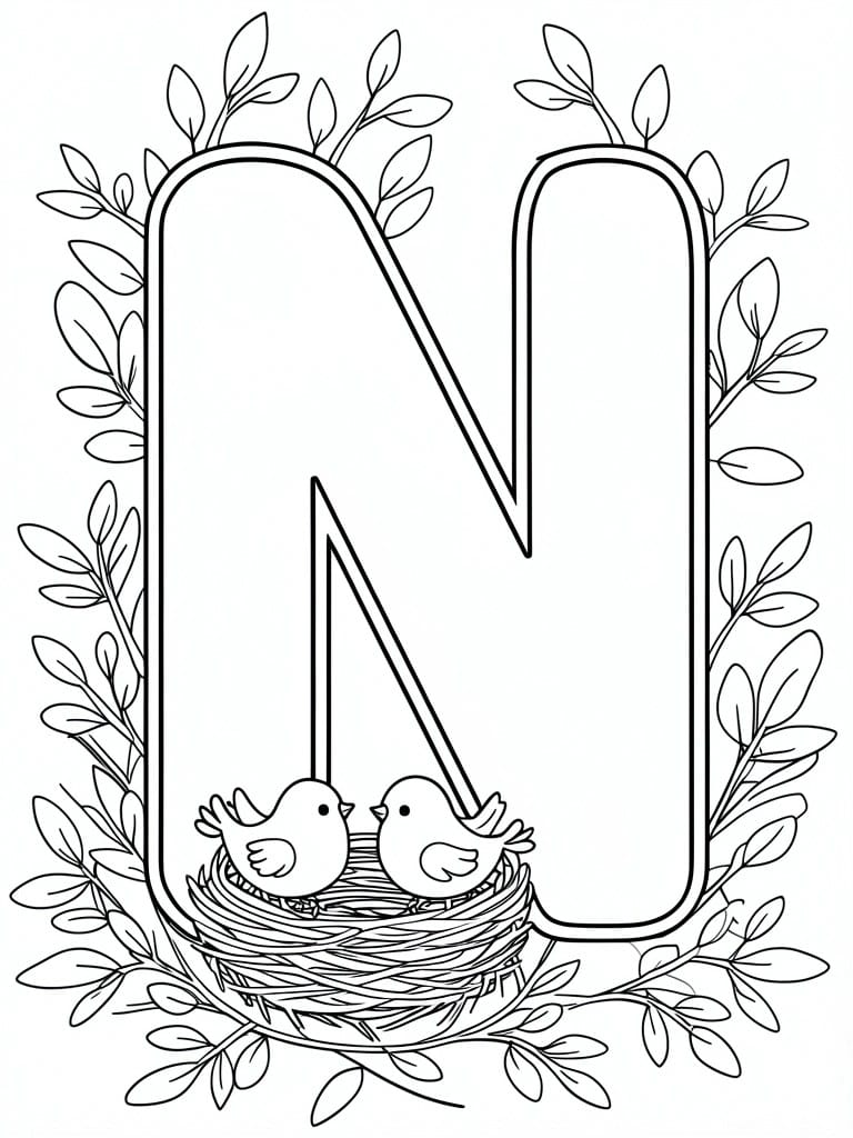 Letter N with leafy branches and nest of two birds