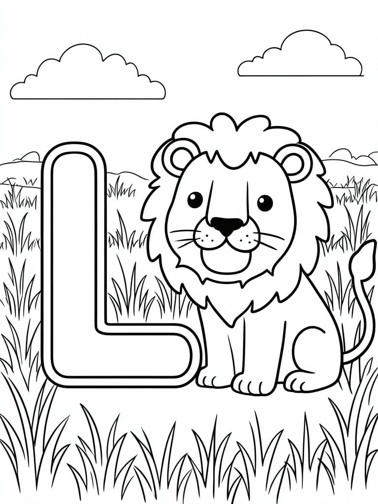 Coloring page showing large letter L beside cute cartoon lion in grass.