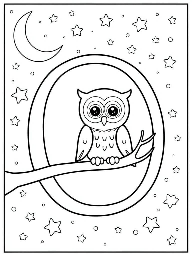 Adorable owl perched on branch inside circle with crescent moon and stars