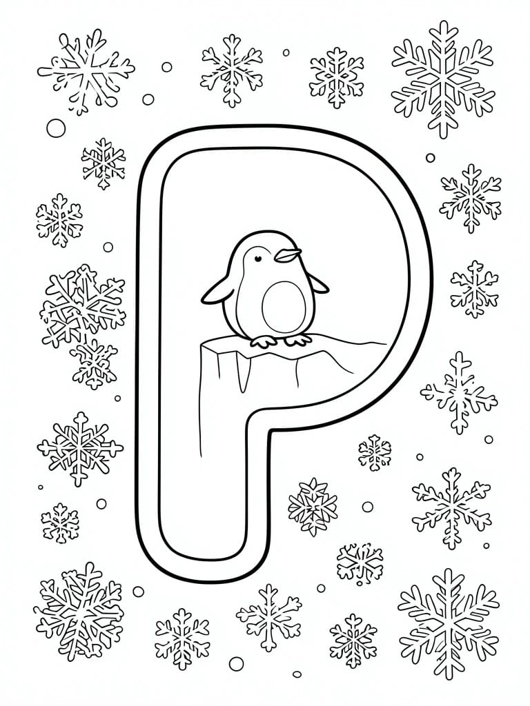 Coloring page of letter P with penguin on ice surrounded by snowflakes