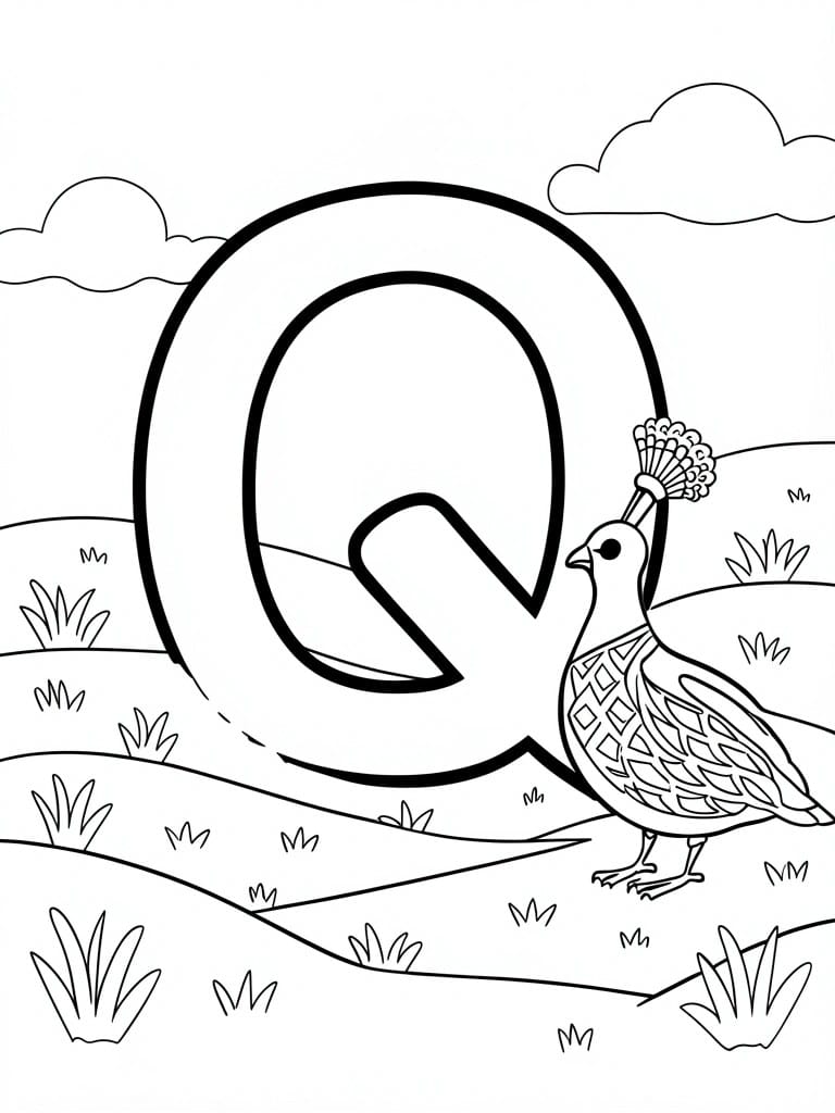 Coloring page of large letter Q beside a crested quail in grassy hills.