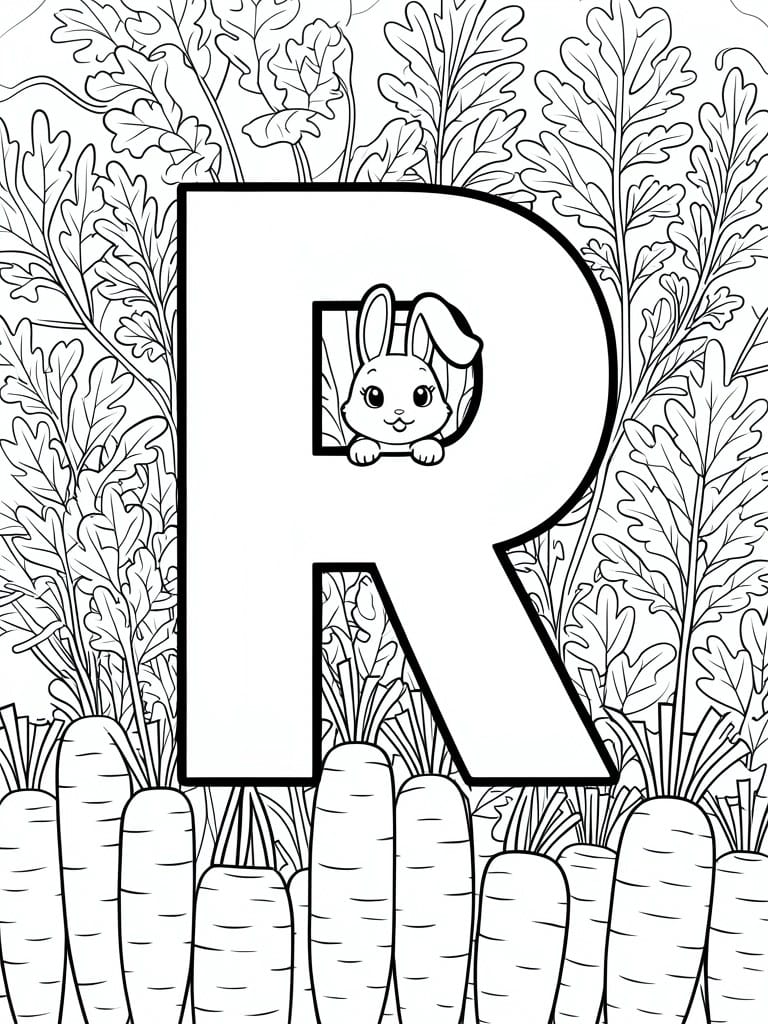 Coloring page with large letter R, bunny peeking out, carrots and leafy plants.