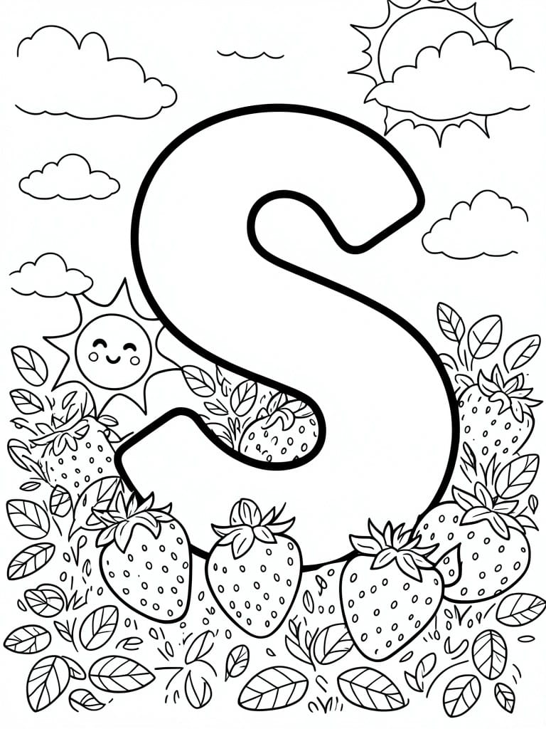 A black and white coloring page shows a large letter S with strawberries, leaves, a smiling sun, and clouds.