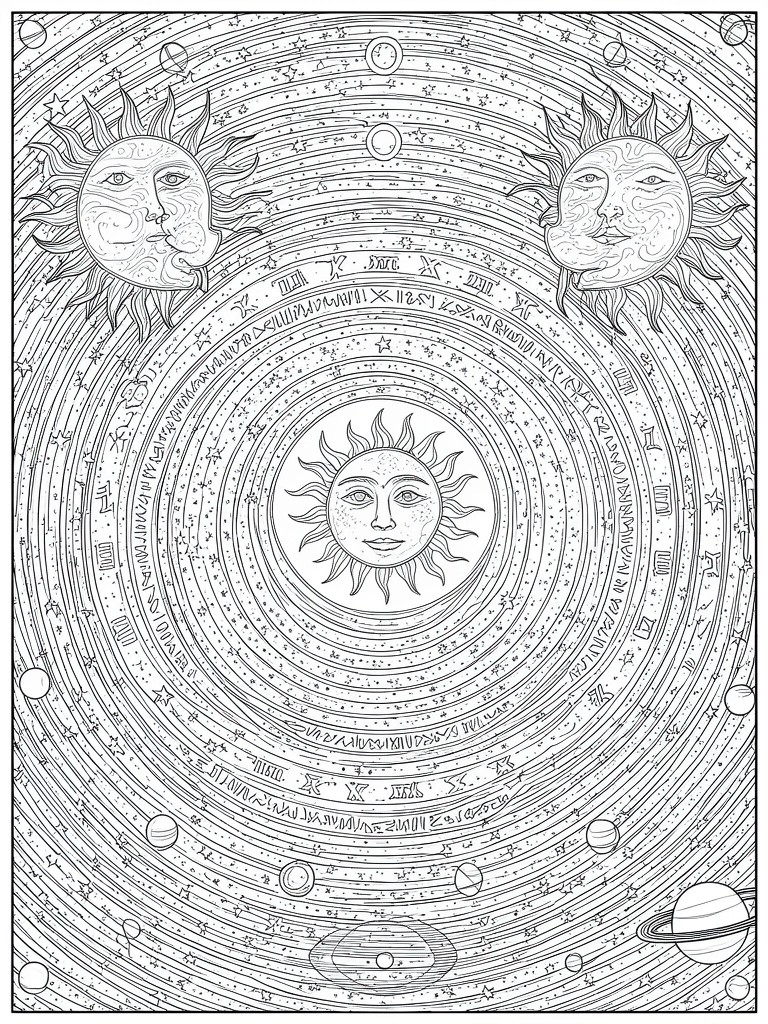A black and white line drawing of a circular celestial design with concentric rings, face-adorned suns, a central sun, zodiac symbols, stars, and planets.
